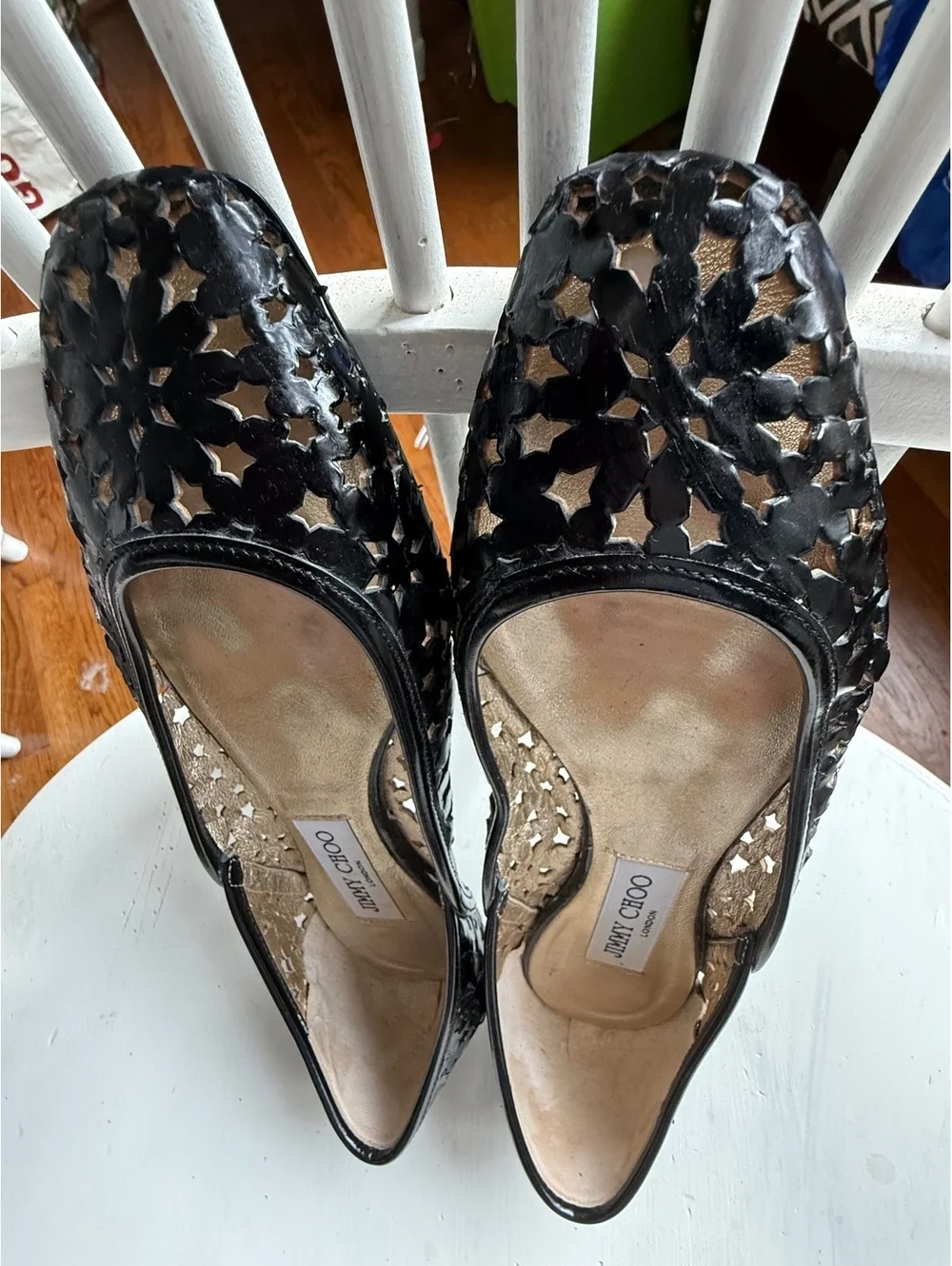 Jimmy Choo Black Laser Cut Leather Flats Size 38.5 Made in Italy